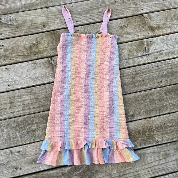 AEO American Eagle Pink Blue Ruffle Rainbow Striped Smocked Mini Dress Small - Picture 1 of 10